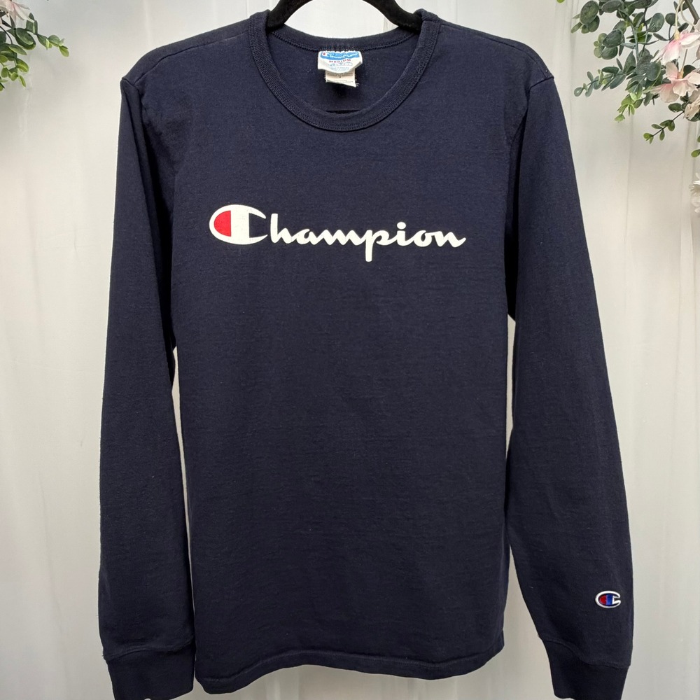 Champion Mens Long Sleeve T-Shirt Navy Blue Script Logo Cotton Tee Medium